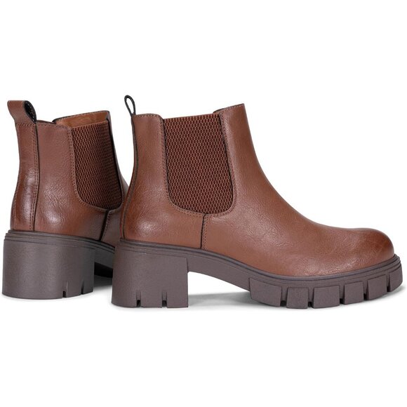 Vepose Women's Mocha Faux Chelsea Leather Lug Sole Elastic Slip on Ankle Booties - Picture 2 of 9